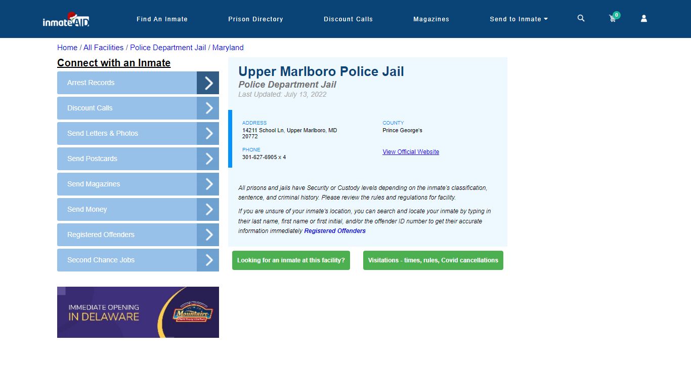 Upper Marlboro Police Jail & Inmate Search - Upper Marlboro, MD